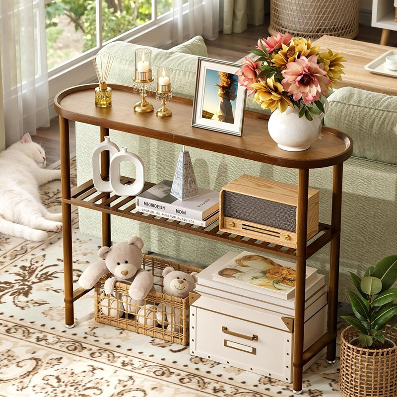 Console de style champêtre en bambou avec plateau ovale, rebord surélevé anti-chute, rangement à 2 niveaux, table d'appoint étroite pour canapé ou entrée, noyer foncé