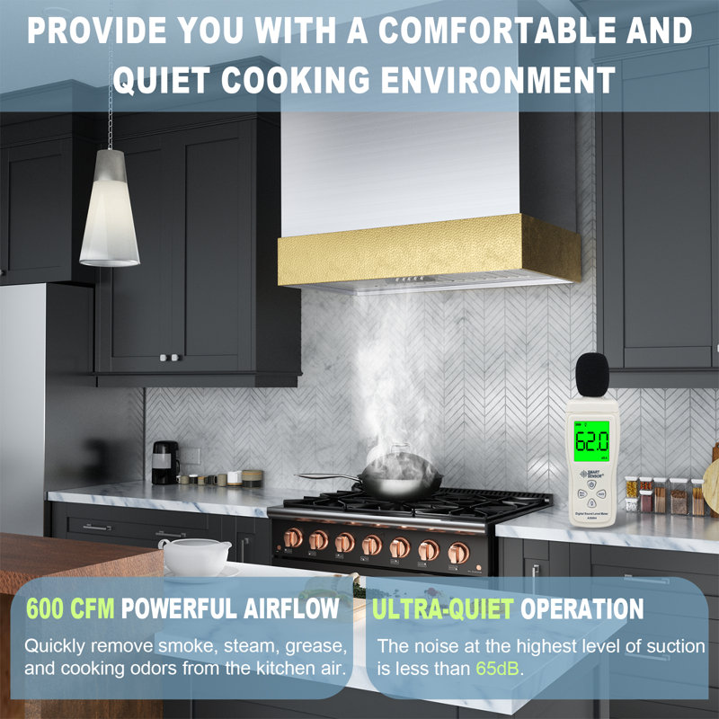 Akicon 600 CFM Ducted (Vented) Wall Mounted Required Range Hood, Silver/Gold