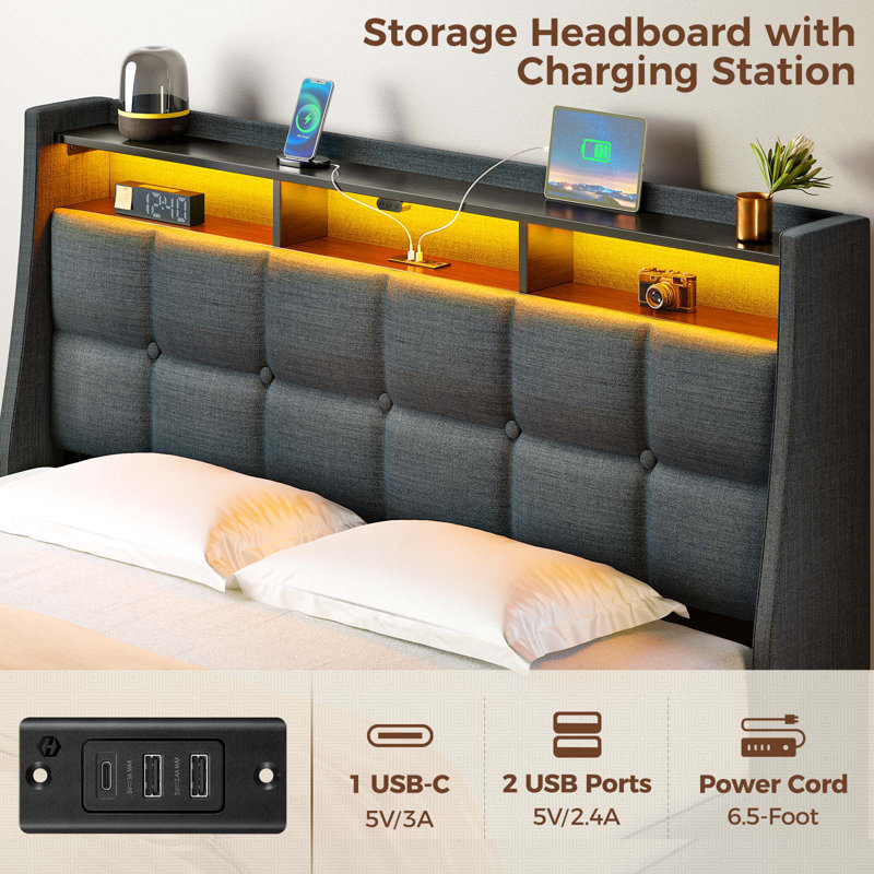 Dyane Upholstered Bed Full Bed Frame with Charging Station and LED Lights, Queen
