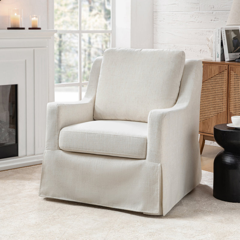 Wimberly 29.5" W Slipcovered Swivel Armchair, Ivory Polyester