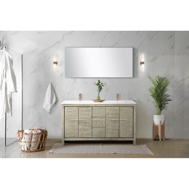 Meuble-lavabo double en acacia rustique 60 po X P 20 po D, plateau en quartz blanc et robinet en or rose, Bois d'acacia