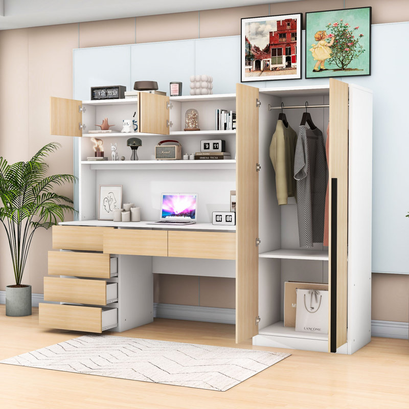 Wooden Freestanding Wardrobe and Desk Combo with Ample Storage for Small Spaces, Natural