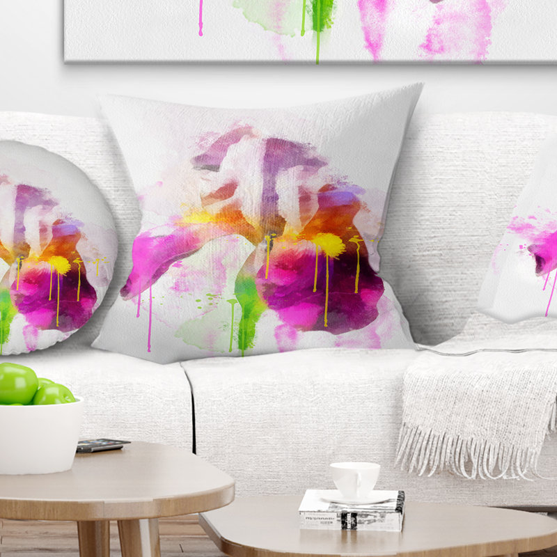 Coussin à imprimé floral aquarelle mauve, 16 po x 1 po, Coussin décoratif