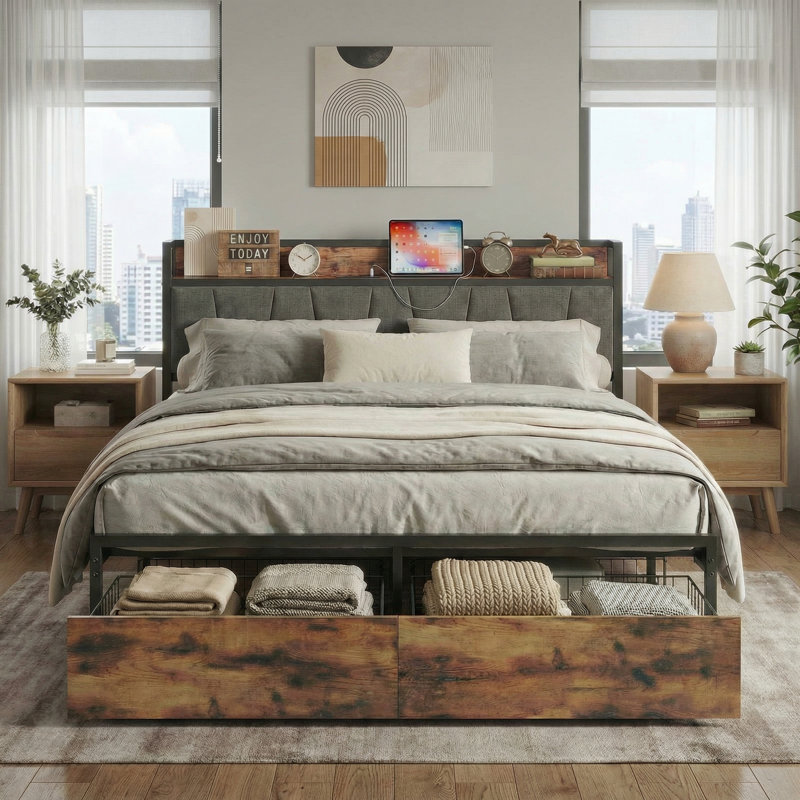 Zulema Upholstered Bookcase Storage Bed, King