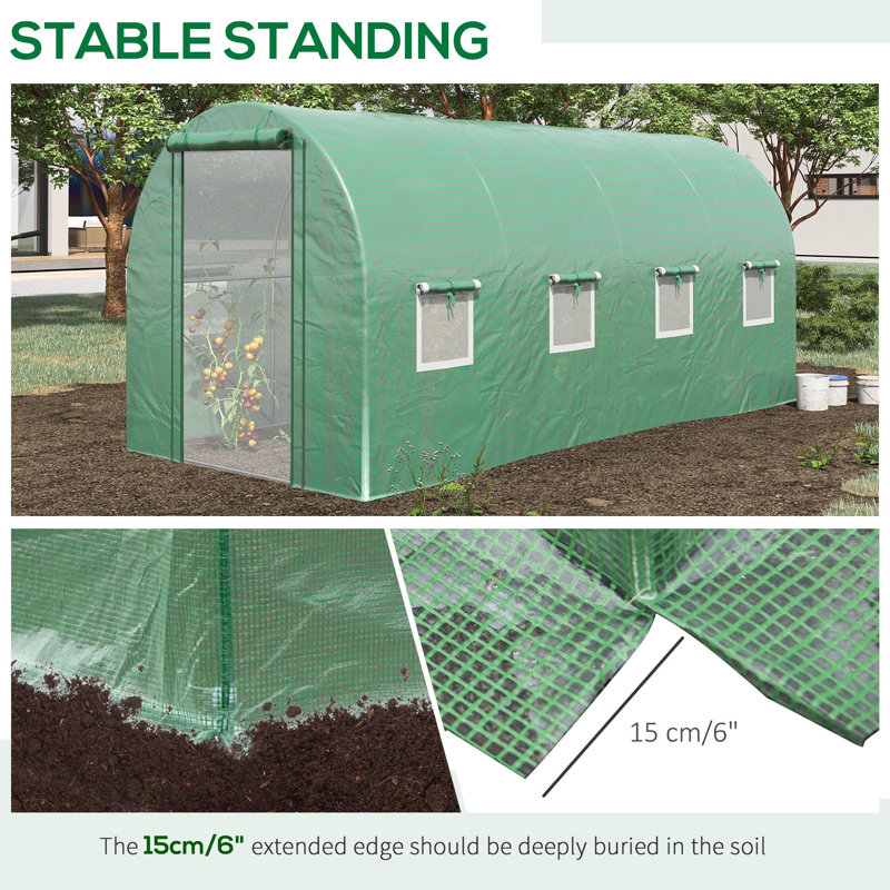 Outsunny 14.6' X 6.6' X 6.6' Walk-In Tunnel Hoop Greenhouse With Mesh Door & 8 Windows, Dark Green