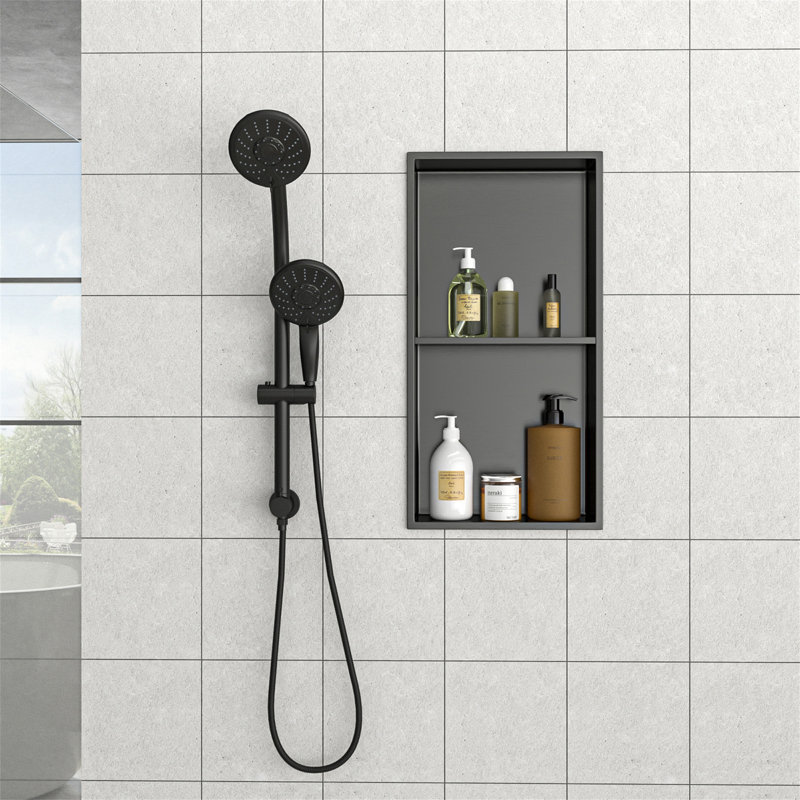 13" X 25" Stainless Steel Shower Niche Double Shelf, Gunmetal Black, Gunmetal Black
