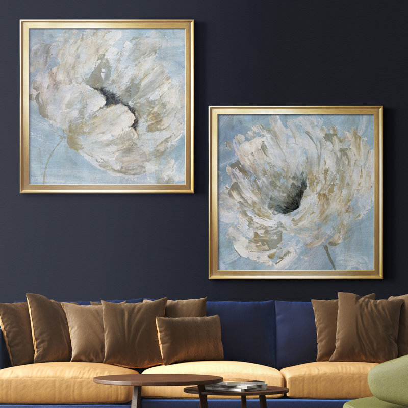 «Blue Blanc I», ensemble de 2 reproductions d'art sur toile tendue, H 17,5 po x l 35 po x P 1,5 po, Toile avec cadre doré