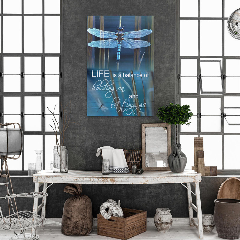 Dragonfly Life Is A Balance - 1 Piece Rectangle Gr " Dragonfly Life Is A Balance - 1 Piece Rectangle Graphic Art Print On Wrapped Canvas "