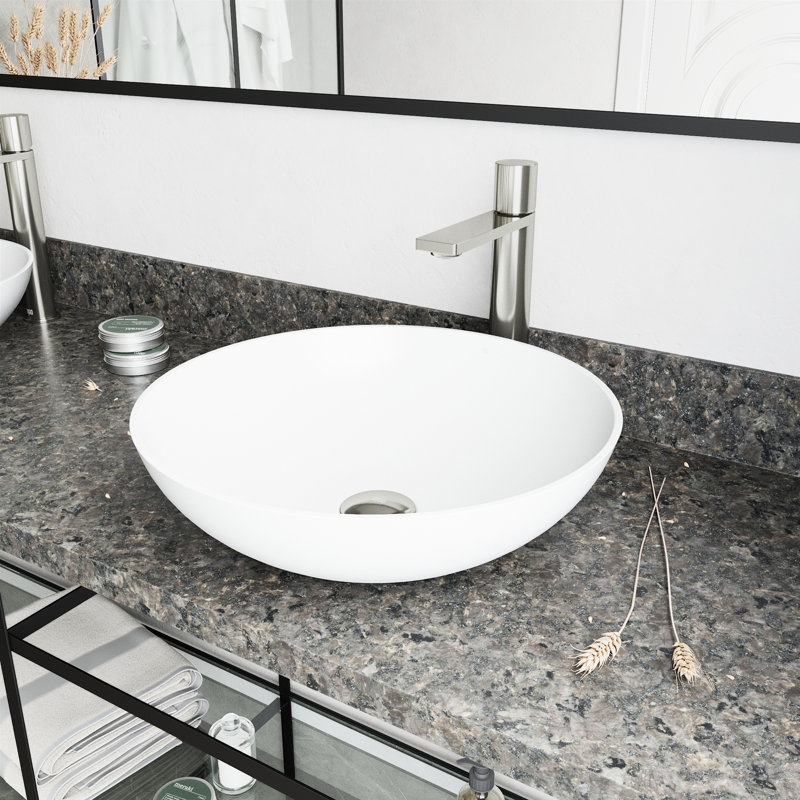 Lotus 16" L x 16" W x 5" H Round White Matte Stone™ Vessel Bathroom Sink with 12" H Faucet