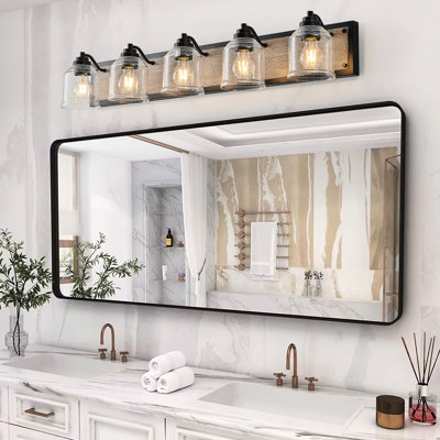 40" Bathroom Vanity Fixture, 5- Wall Sconce With Clear Glass Shades, Black And Wood Grain, Industrial Dream Lighting Lamp Glass, Grain Finish, Modern