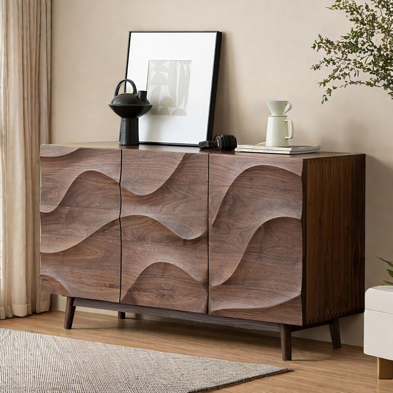 Simple Walnut Colour Wavy Wooden Accent Cabinet.