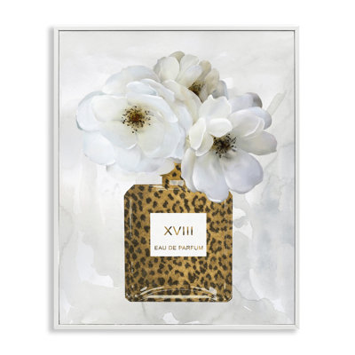 Bouteille de parfum à imprimé léopard «Glam White Spring Florals» par Carol Robinson