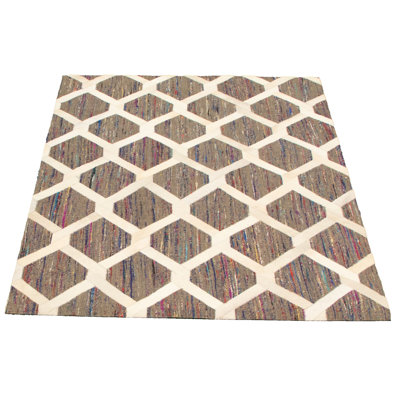 Tapis géométrique en jute / cuir de vache rectangulaire géométrique fait à la main 4 pi 6 po x 6 pi 7 po