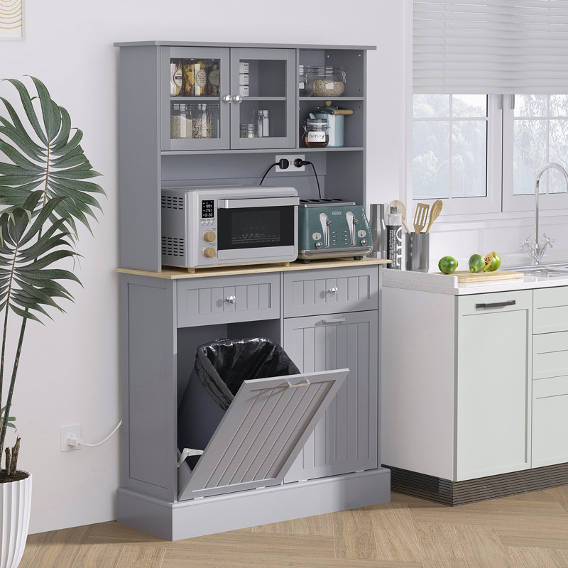 68" Gray Kitchen Pantry Storage Cabinet With Electrical Charging. Freestanding Glass Doors & Adjustable Shelf. For Various Spaces. 2 Tilt Out Trash Cabinets. Built-in Ac Outlets And Ports. Spacious