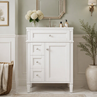 Meuble-lavabo de 61 cm (24 po) avec lavabo en céramique, 3 tiroirs et armoire de rangement avec organisateur de porte, étagère réglable, pieds romains, compatible avec robinetterie de 10 cm (4 po).