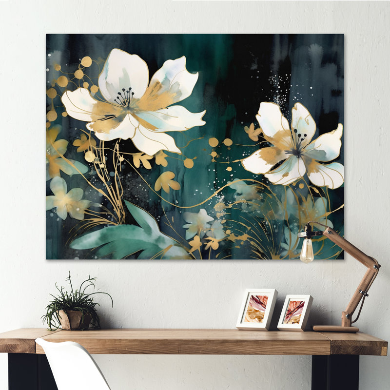 Plantes blanches bleu sarcelle dans le chaos IV - art mural floral, Toile tendue, H 16 po x l 32 po x P 1 po