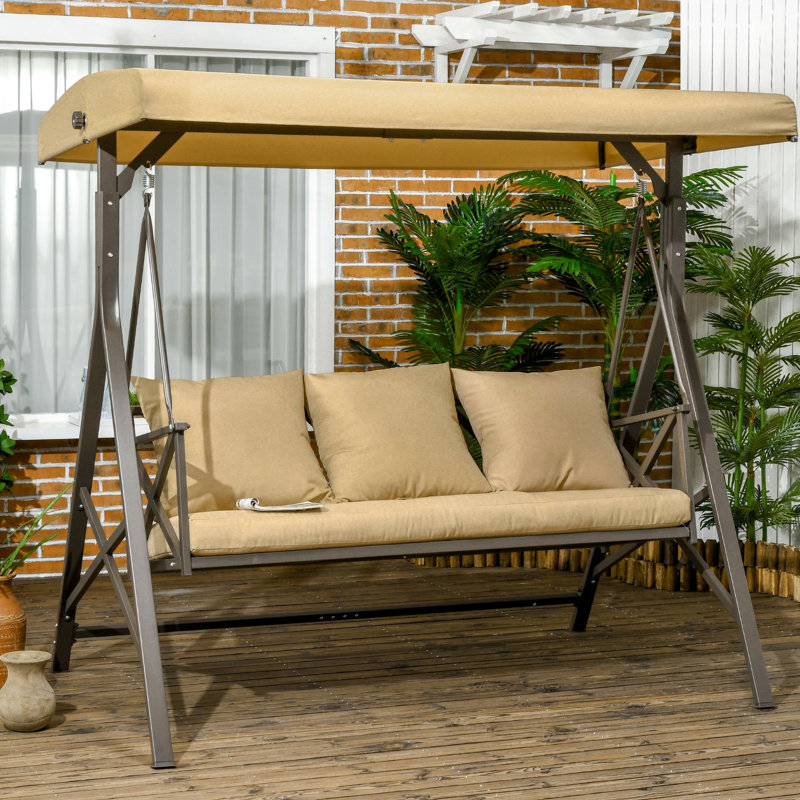 Balancelle 3 places avec coussin et auvent réglable, kaki - Convient au bord de la piscine, à la cour, au porche, à la capacité de 660 lb, au parasol 3, à la piscine et au coin salon, brun