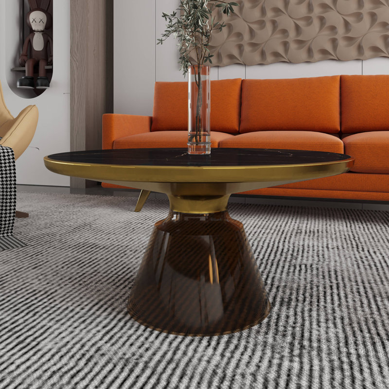 30" Round Coffee Table Glass/Sintered Stone Top With Brushed Rim And Tempered Glass Base, Black Stone, Gray