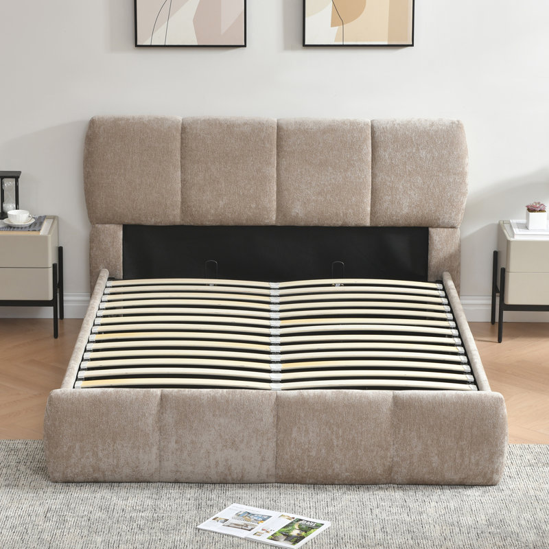 Lit plateforme tapissier avec rangement surbaissé Gaillarde, Lit double, Taupe