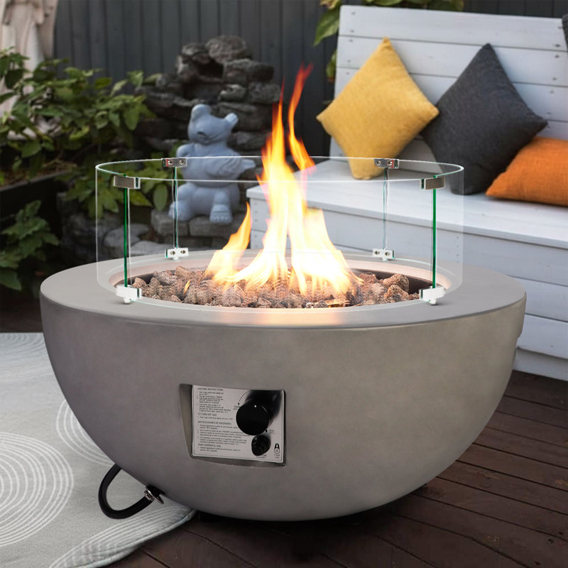 31.5 inch Round Propane Fire Pit Table, 50,000 BTU Outdoor Gas Firepit with Glass Wind Guard, Steel Lid & Rain Cover for Patio, Backyard, Deck