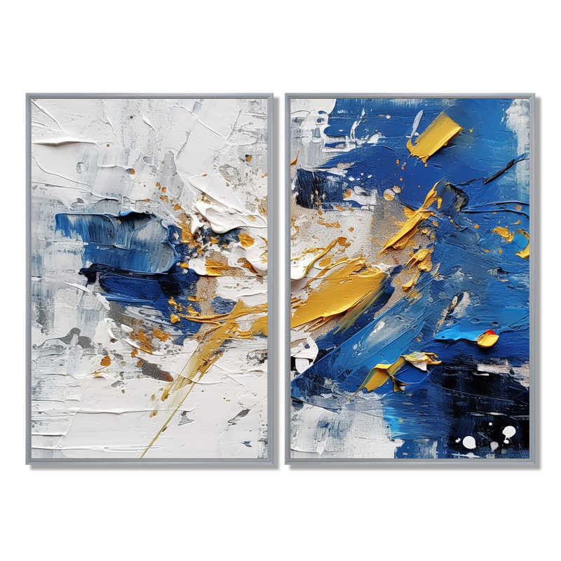 Kaléidoscope cubique bleu et jaune - décoration murale bleue 2 panneaux, 36" H x 48" W, Framed Print without Mat, Silver