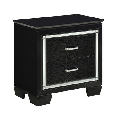 Table de chevet moderne noire avec décoration en faux alligator et 2 bacs à tiroirs
