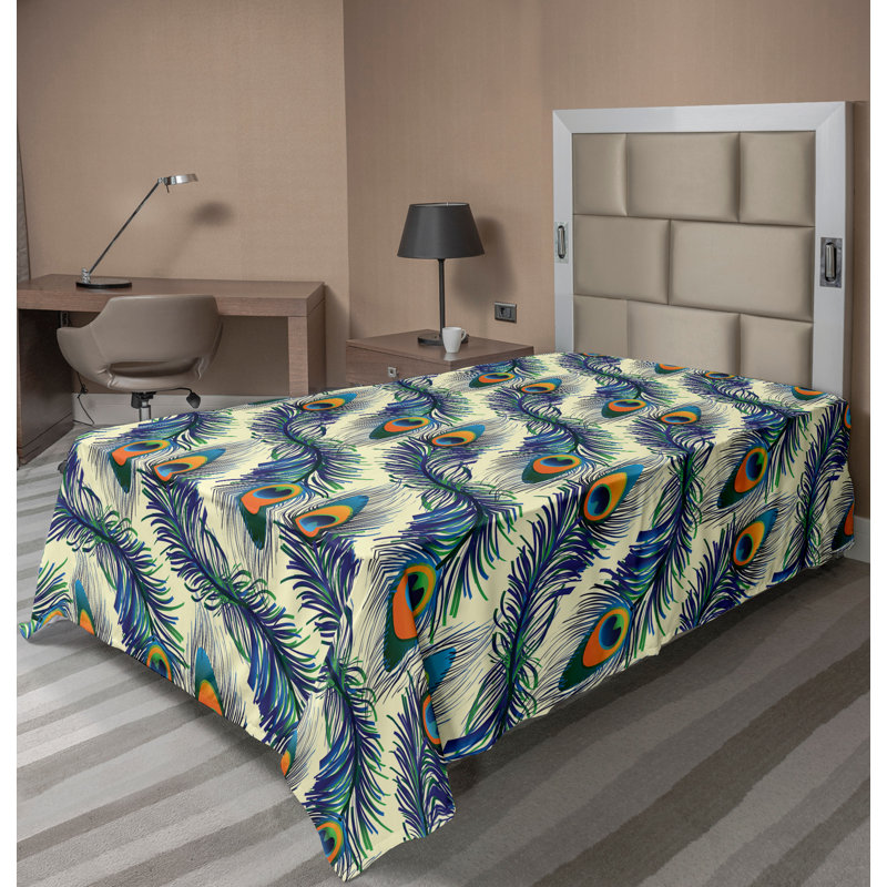 Drap plat décoratif vintage Ambesonne paon bleu marine / vert / orange, Drap plat pour lit simple TG