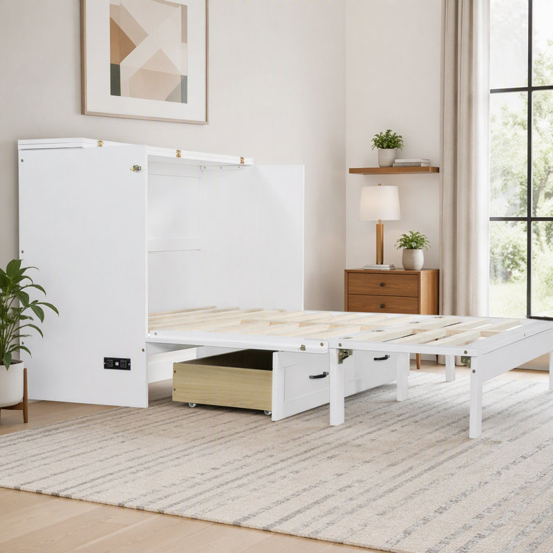 Lit escamotable double avec grands tiroirs, blanc, Blanc