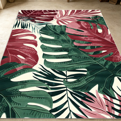 1PC Tropical Burgundy & Green Monstera Palm Leaf Print area rugs for Living Room, Soft, All seasons, Easy-maintain, Washable Indoor mat, Farmhouse suitable for entryway, bedroom, dining room, home office, patio, porch, Home Decor, Outdoor Decor.