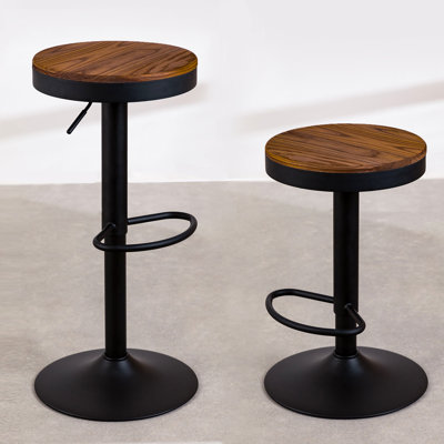 Swivel Wood Seat Bar Stools Adjustable-Height Backless Counter Stool With Metal Frame