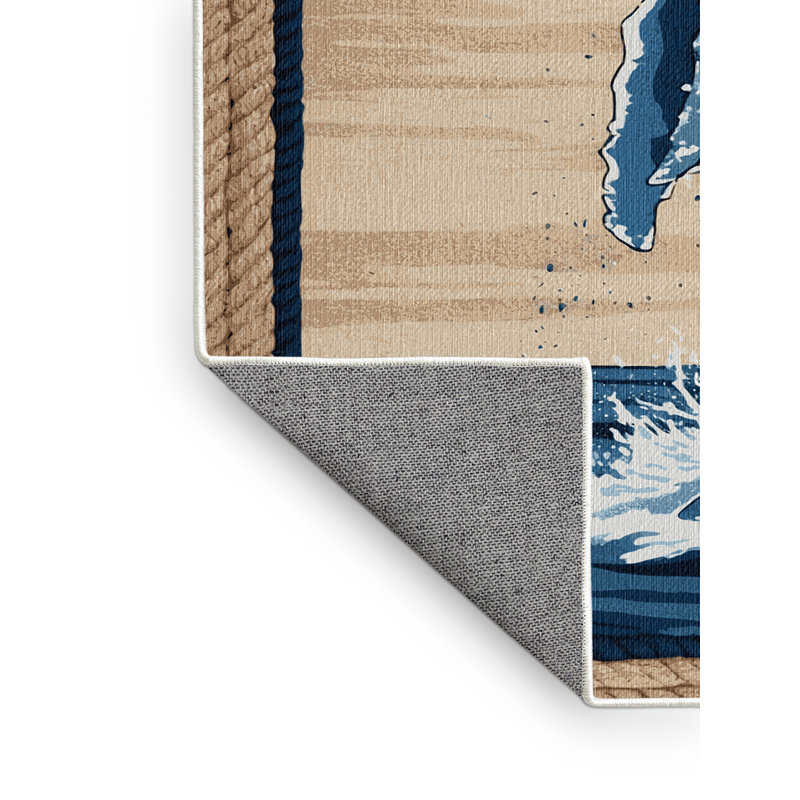 Washable Whale Watch Coastal Area Rug, Round 5'