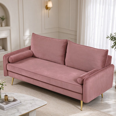 70-inch Mid-Century Velvet 3-Seater Sofa with Nailhead Trim, Upholstered Couch with Gold Metal Legs for Living Room, Rose