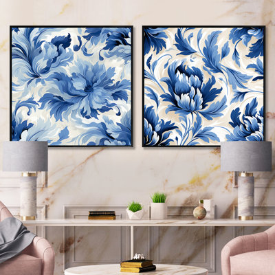 Blue And White Serene Ikat Zen - Abstract Botanicals Square Collage Set Of 2