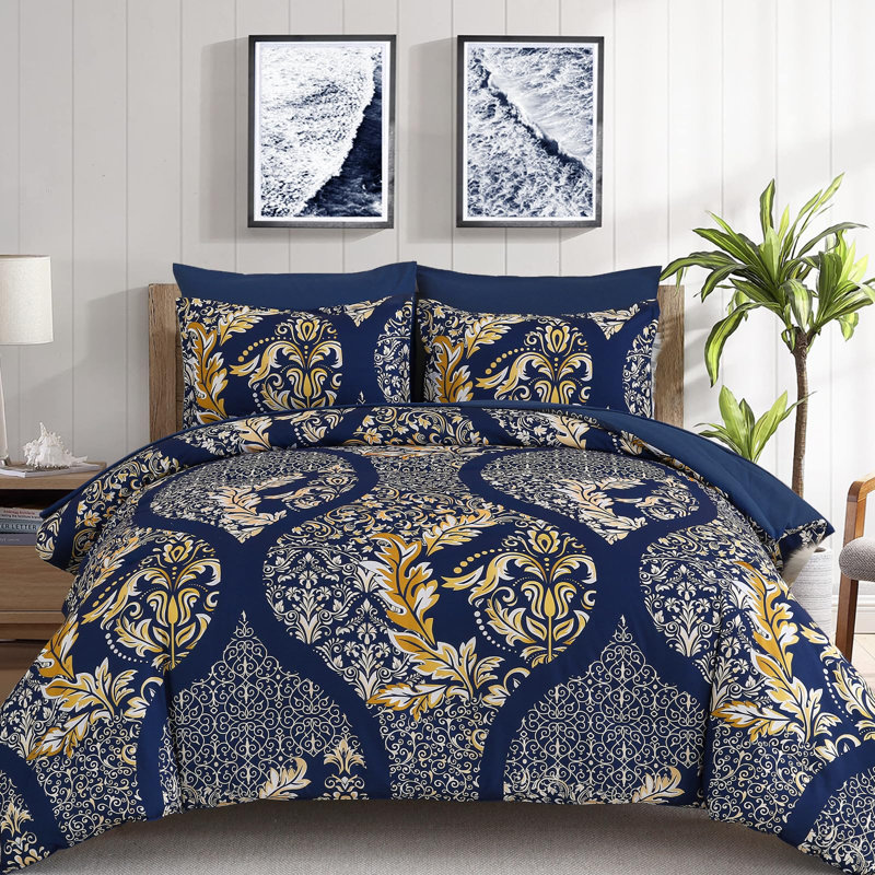 7 Pieces Bohemian Damask Comforter Set Soft Lightweight Microfiber All Season Bedding Set, Gold/Navy Blue Damask