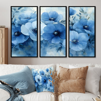 «Blue Floral Cascade Of Poppies Flower III» - art mural coquelicots - ensemble de 3