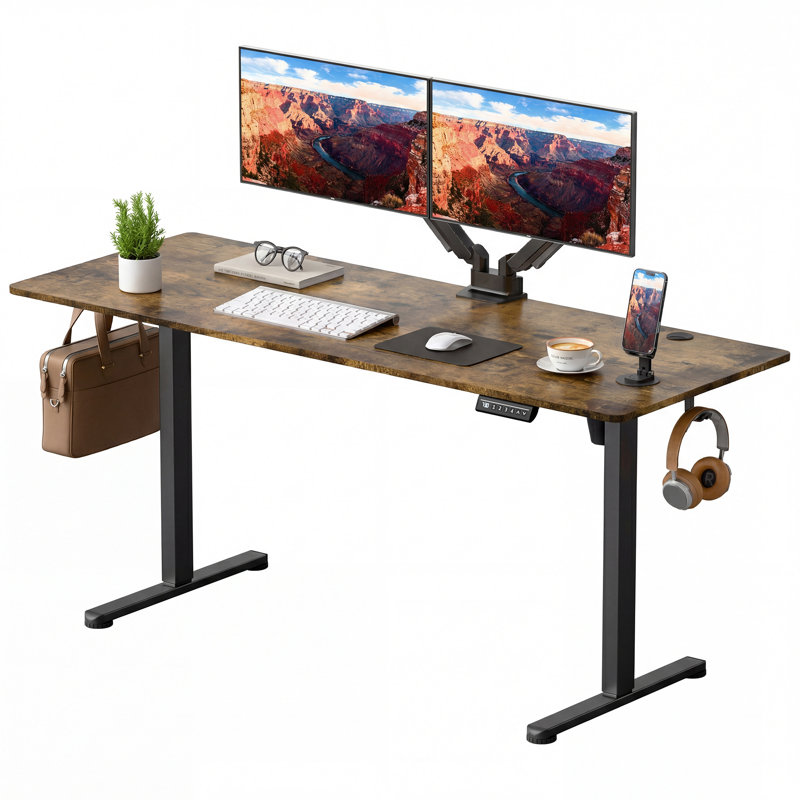 Bureau pour travailler debout électrique à hauteur réglable de 63 pouces, brun, H 48,1 po x l 62,99 po x P 23,62 po