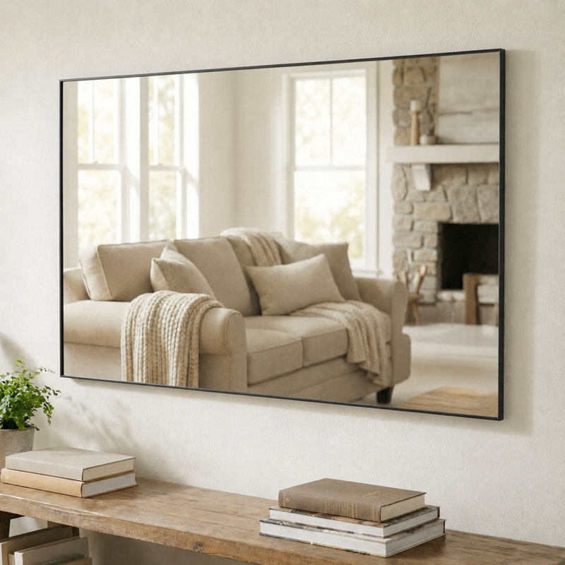 Miroir mural en métal pour salle de bain et meuble-lavabo, collection Kristveig, 28 po x 54 po, Noir, Rectangulaire