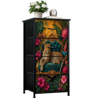 Dresser for Bedroom with 4 Storage Drawers Luxury Cheetah Vintage Sofa Boho Aesthetic Wildlife Cheetah Dressers Chest of Drawers Steel Framed Fabric Closet Organizers for Dorm Entryway