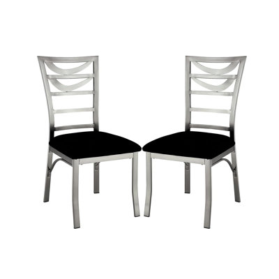 Chaise de salle à manger contemporaine en métal argenté 2 pièces avec siège en microfibre noir
