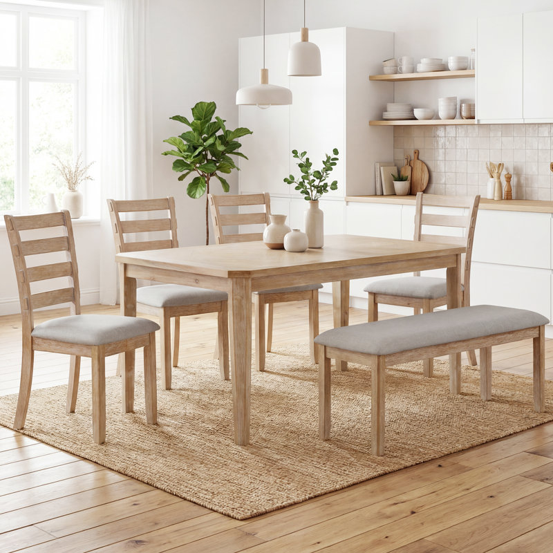 Ensemble de table de salle à manger en bois massif avec chaise et banc 6 pièces Berger, Naturel, Naturel, Naturel / gris