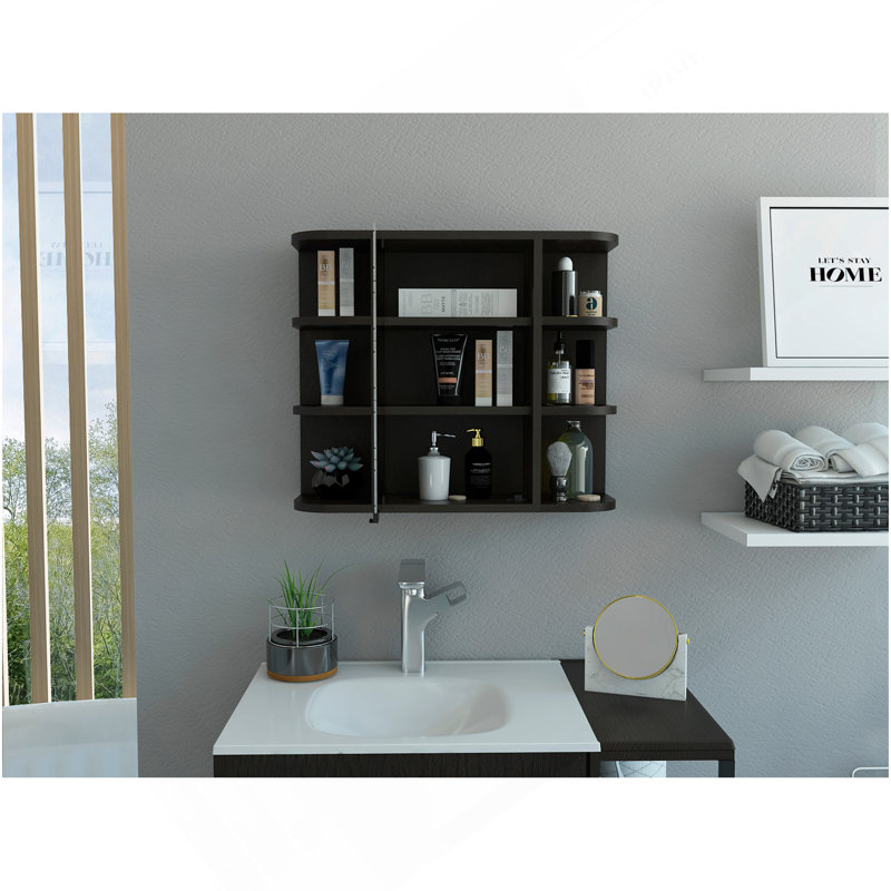 Milan Medicine Cabinet, Six External Shelves Mirror, Three Internal Shelves -Black, Black