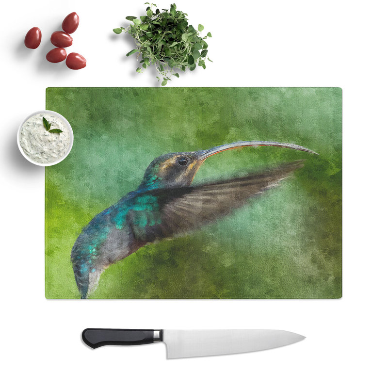 Tempered Glass Green Hermit Hummingbird Chopping Board, 28.5 cm x 39 cm