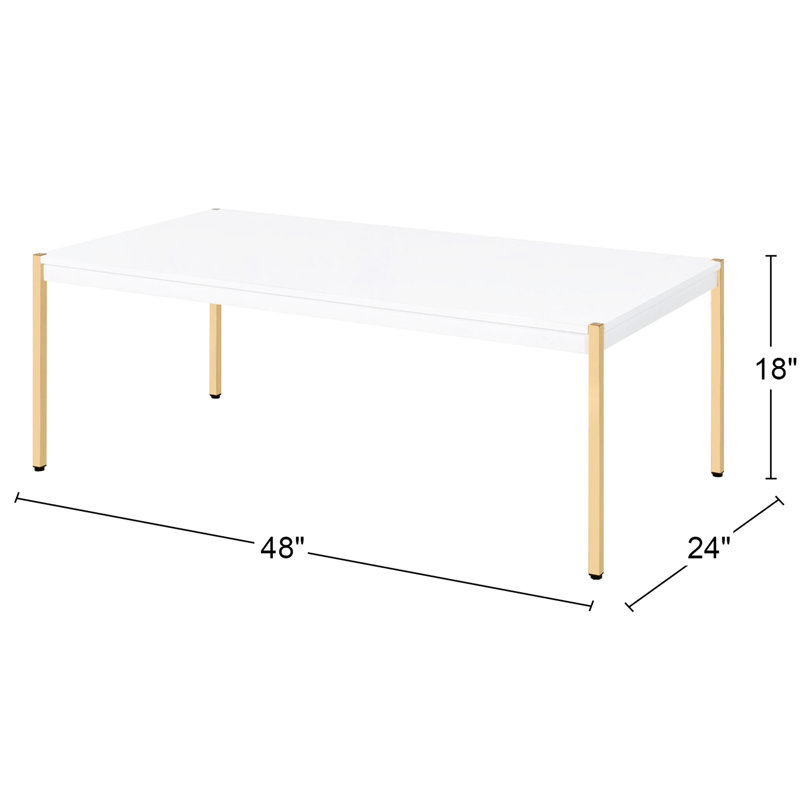Table basse rectangulaire blanche et dorée avec dessus en bois, pieds en métal délicats, pieds profonds de 48 po de profondeur, 24 de largeur, 18 de hauteur, 30 lb pour les petits espaces, hauteur