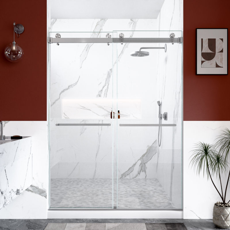 56"-60"W X 80"H Frameless Double Sliding  Shower Door, 3/8 Inches (10Mm) Thick SGCC Tempered Glass Door, Brushed Nickel