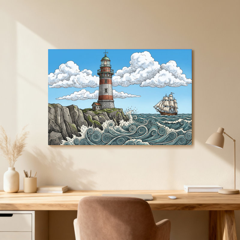 Phare sur la côte rocheuse avec voilier, H 20 po x l 30 po, Toile tendue, Ne s’applique pas
