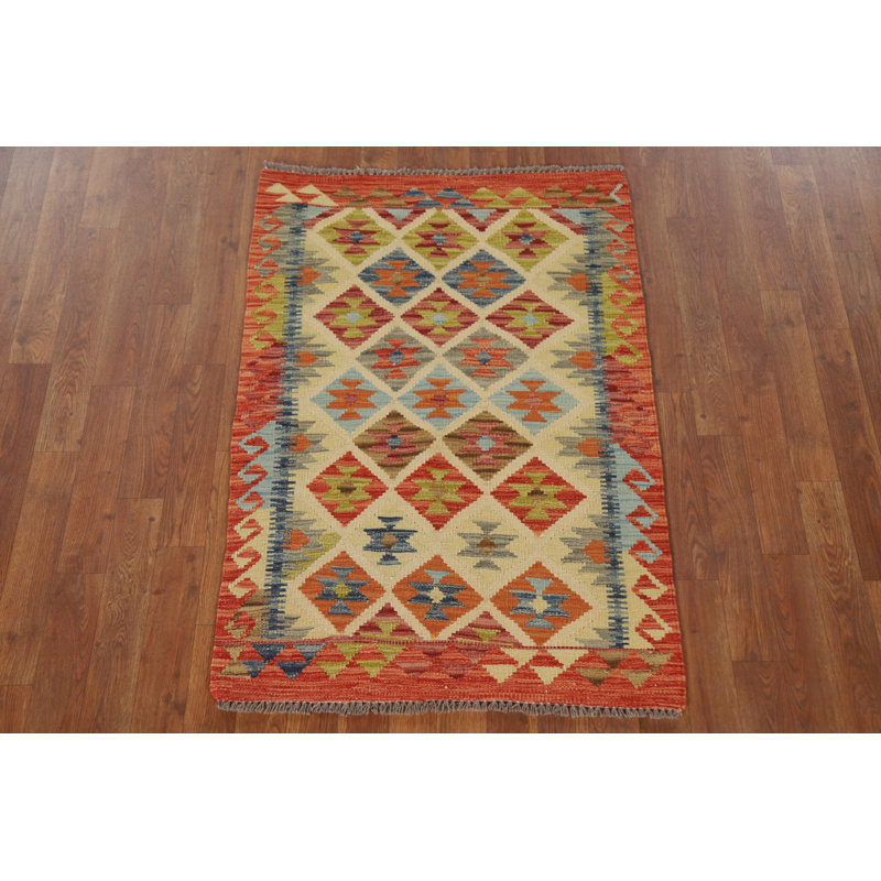 Tapis géométrique réversible en laine Kilim 3 x 4