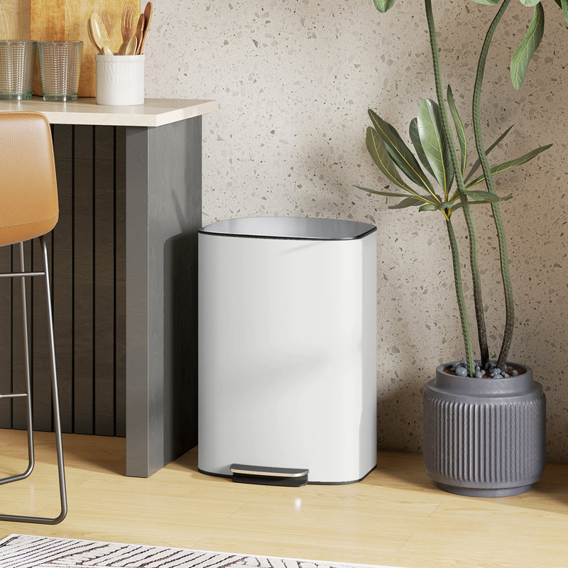 Stainless Steel, Metal Step On Kitchen Trash Can - 50L, White