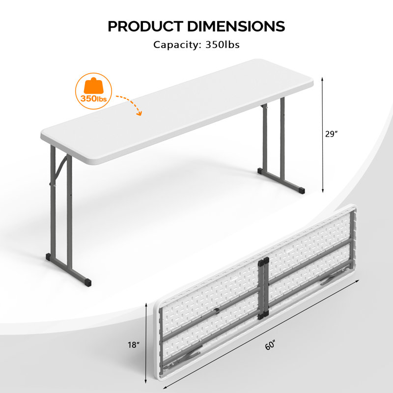 Table pliante étroite 5 pi ， Blanc, H 29 po x L 60 po x P 18 po, Blanc