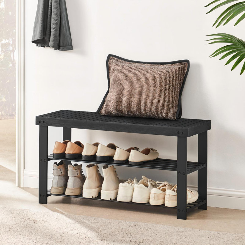 Banc de rangement pour 8 paires de chaussures, étagère à chaussures en bambou à 3 niveaux, Noir encre