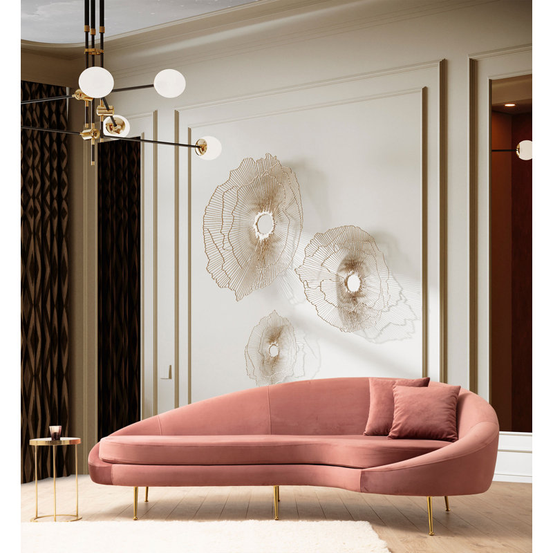 Canapé 3 places Luxury, rose, 100% polyester, 100 x 47,2 x 33,5 pouces | Structure en bois de hêtre et en carton, pieds en métal doré | Comprend 2 oreillers nettoyables à sec (18 po x 18 po) | Coussins en mousse douce et en plumes pour un confort ultime